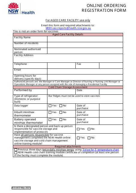 Aged Care Facility Online Ordering Registration Form - New South Wales, Australia Download Pdf