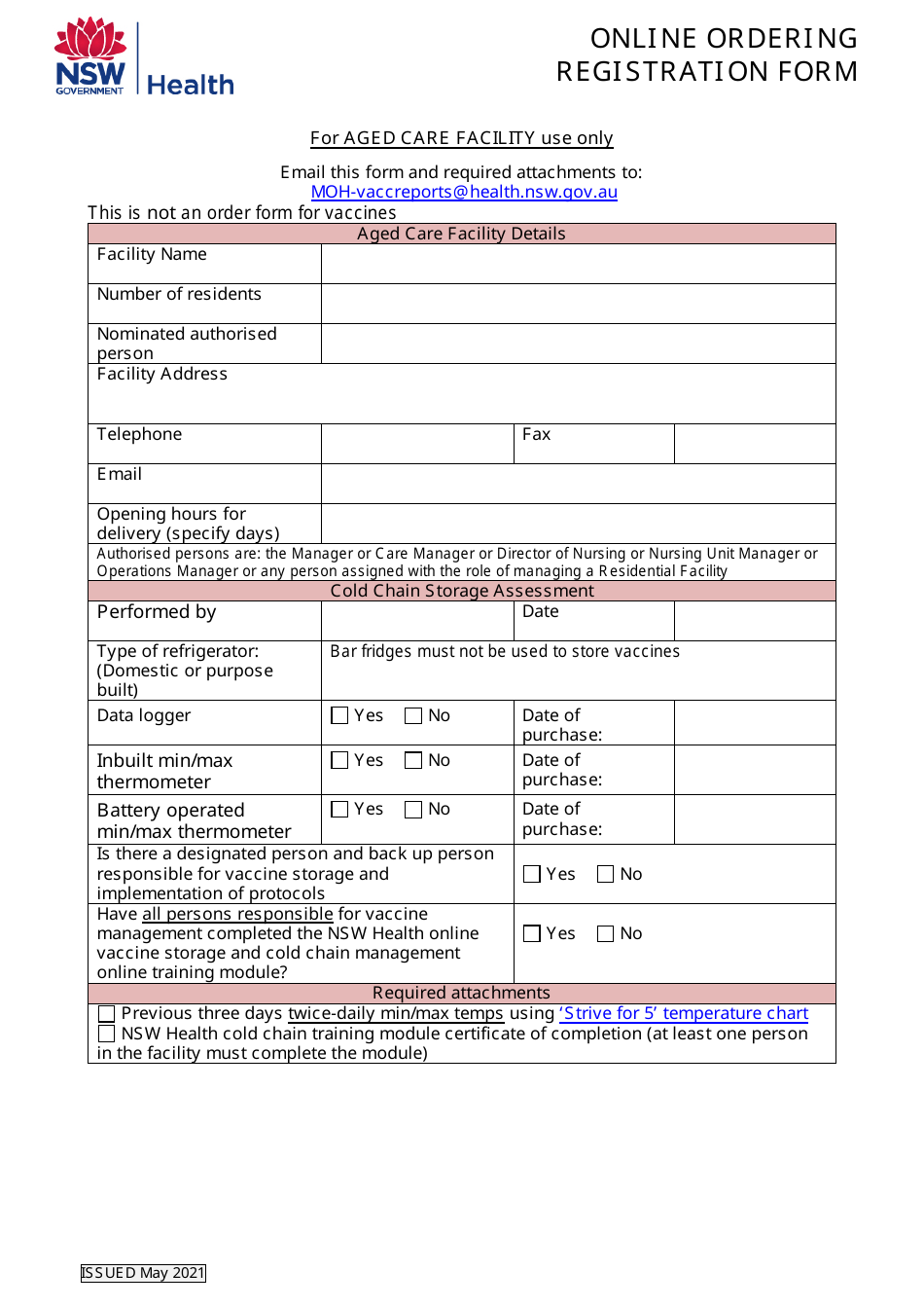 Aged Care Facility Online Ordering Registration Form - New South Wales, Australia, Page 1