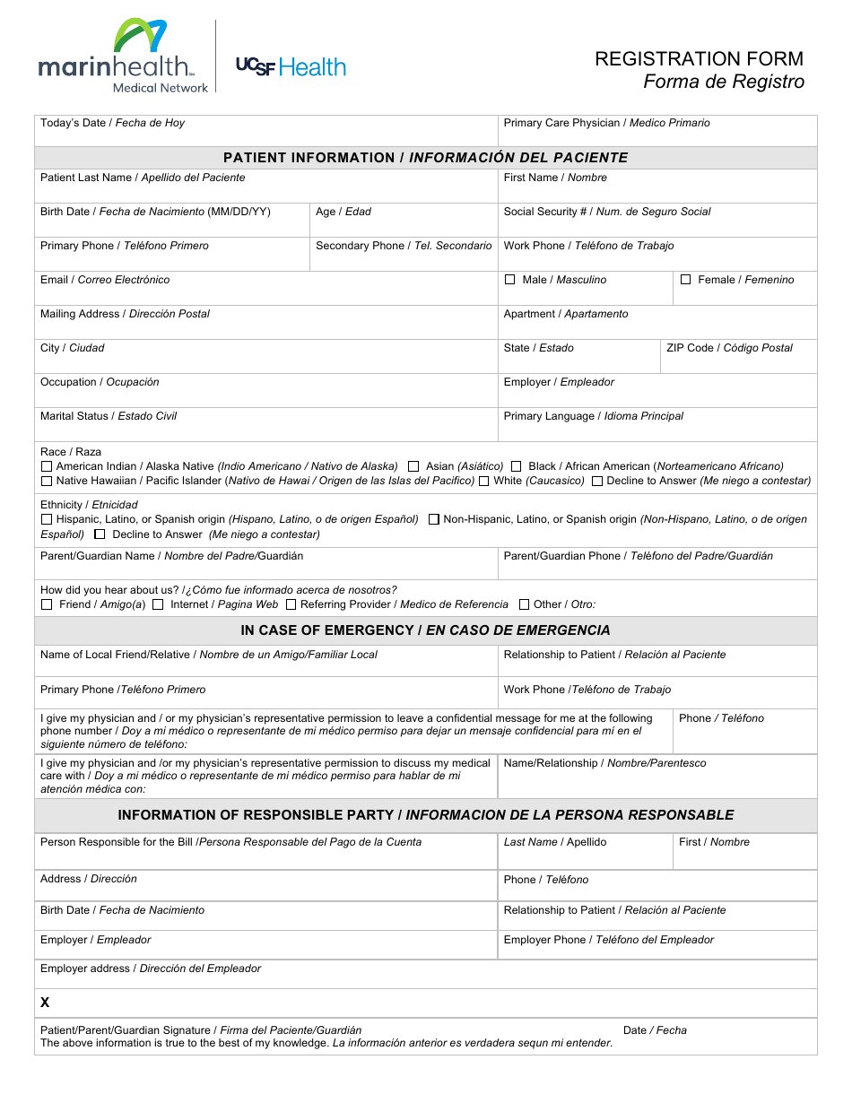 Patient Registration Form (English / Spanish), Page 1