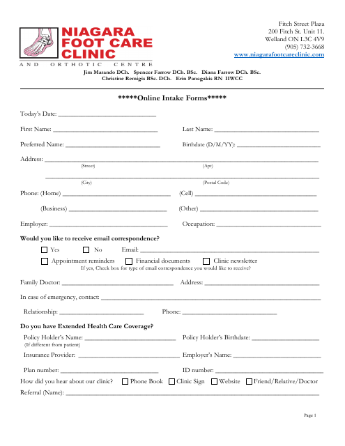 Orthotic Centre Intake Form - Niagara Foot Care Clinic