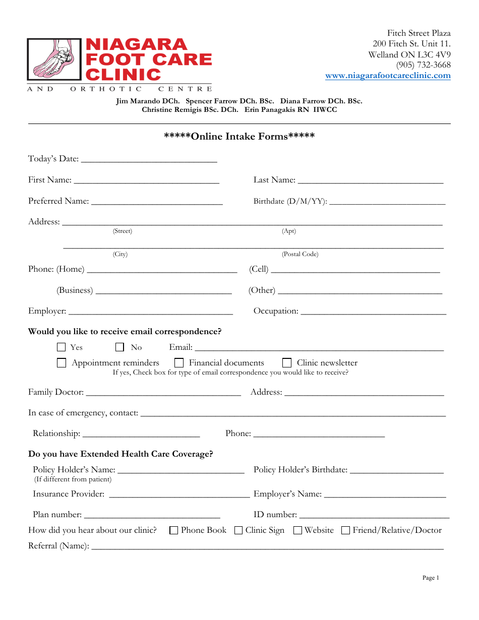 Orthotic Centre Intake Form - Niagara Foot Care Clinic, Page 1