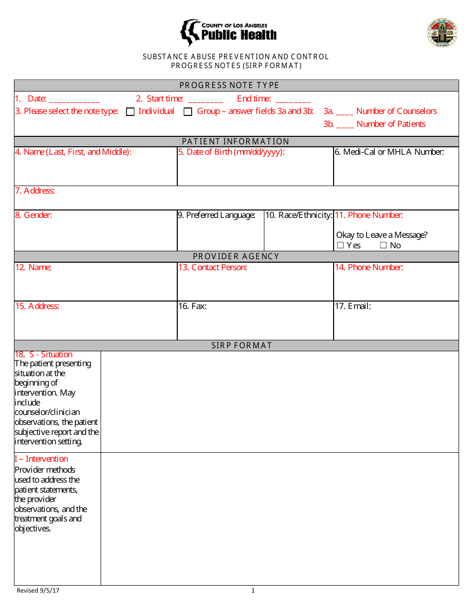 Substance Abuse Prevention and Control Progress Notes (Sirp Format) - County of Los Angeles, California, Page 1