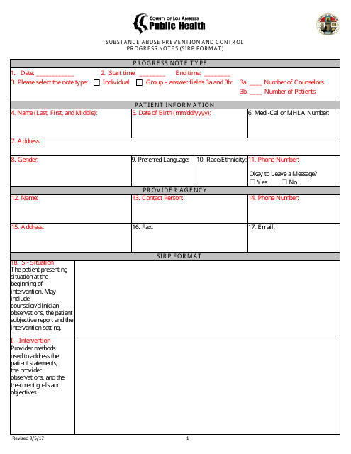 Substance Abuse Prevention and Control Progress Notes (Sirp Format) - County of Los Angeles, California