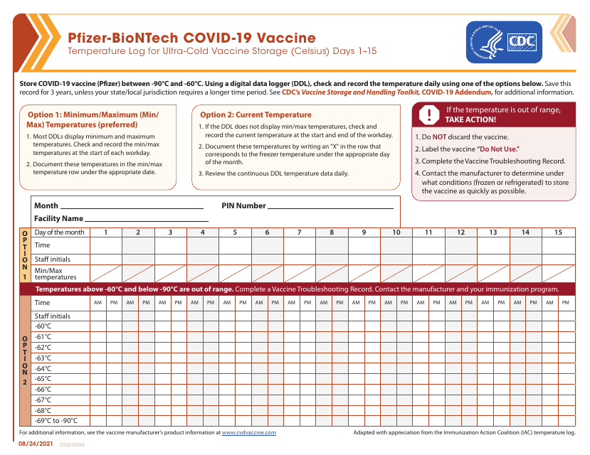 Form CS321570-K Pfizer-Biontech Covid-19 Vaccine Temperature Log for Ultra-Cold Vaccine Storage (Celsius)