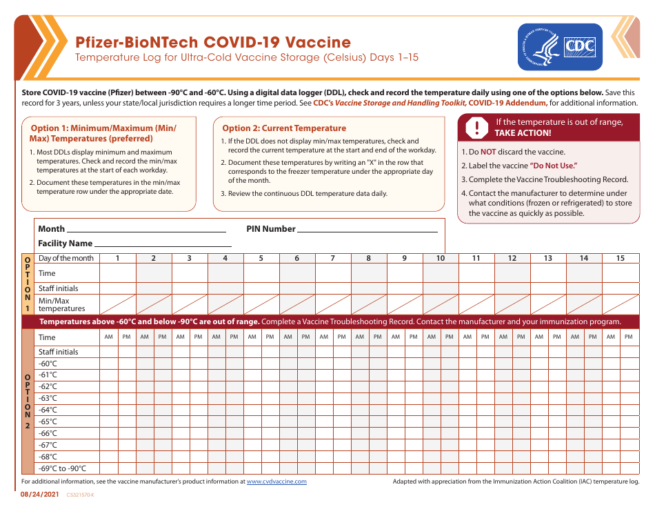 Form CS321570-K Pfizer-Biontech Covid-19 Vaccine Temperature Log for Ultra-Cold Vaccine Storage (Celsius), Page 1