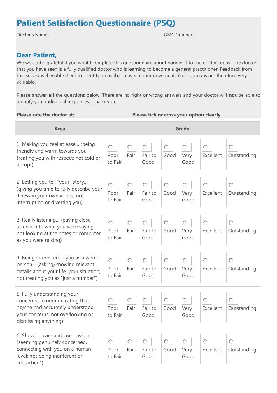 Patient Satisfaction Questionnaire (PSQ) Form Preview