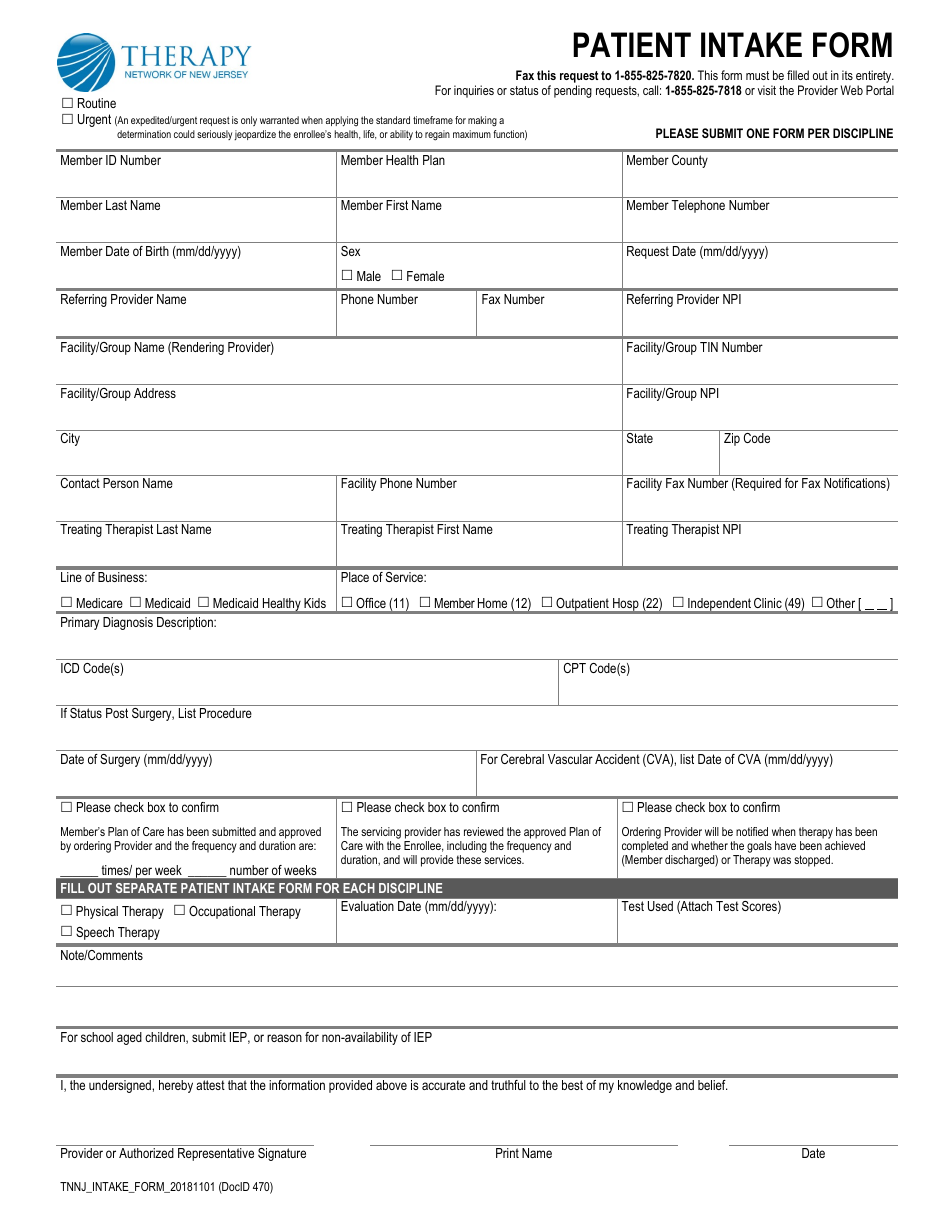 Patient Intake Form - Therapy Network of New Jersey, Page 1