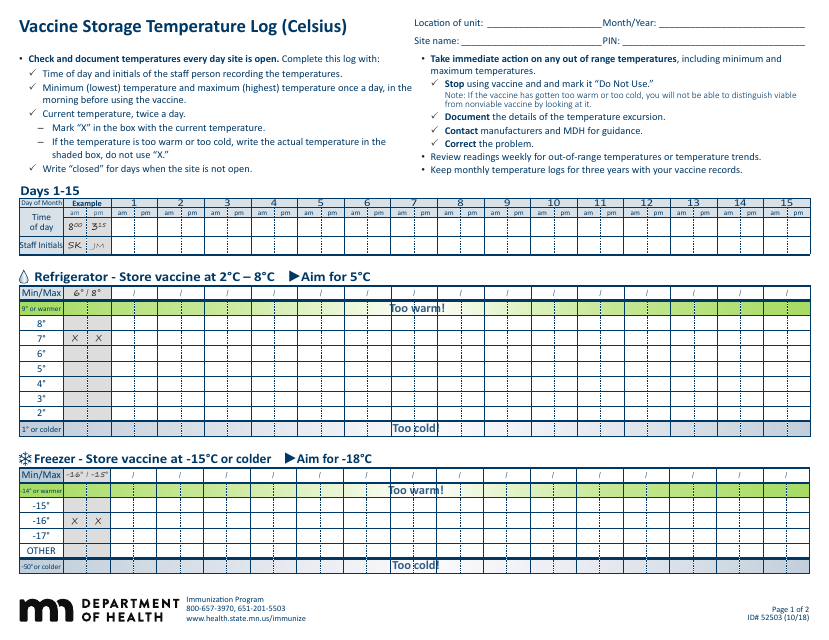 Form 52503 Vaccine Storage Temperature Log (Celsius) - Minnesota