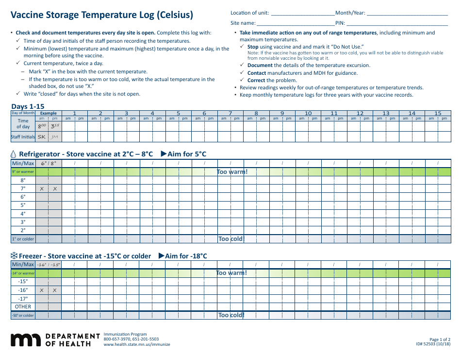 Form 52503 Vaccine Storage Temperature Log (Celsius) - Minnesota, Page 1
