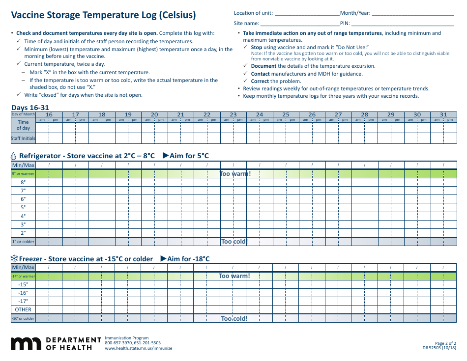 Form 52503 Vaccine Storage Temperature Log (Celsius) - Minnesota, Page 2