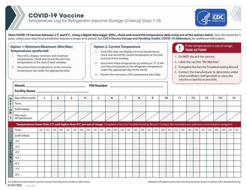 Form CS321629-I Covid-19 Vaccine Temperature Log for Refrigerator Vaccine Storage (Celsius) Days 1-15