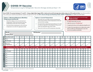 Form CS321629-I Covid-19 Vaccine Temperature Log for Refrigerator Vaccine Storage (Celsius) Days 1-15