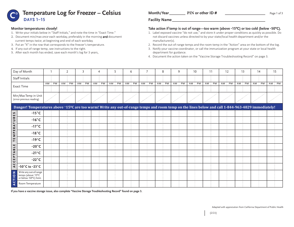 Temperature Log for Freezer - Celsius Image Preview