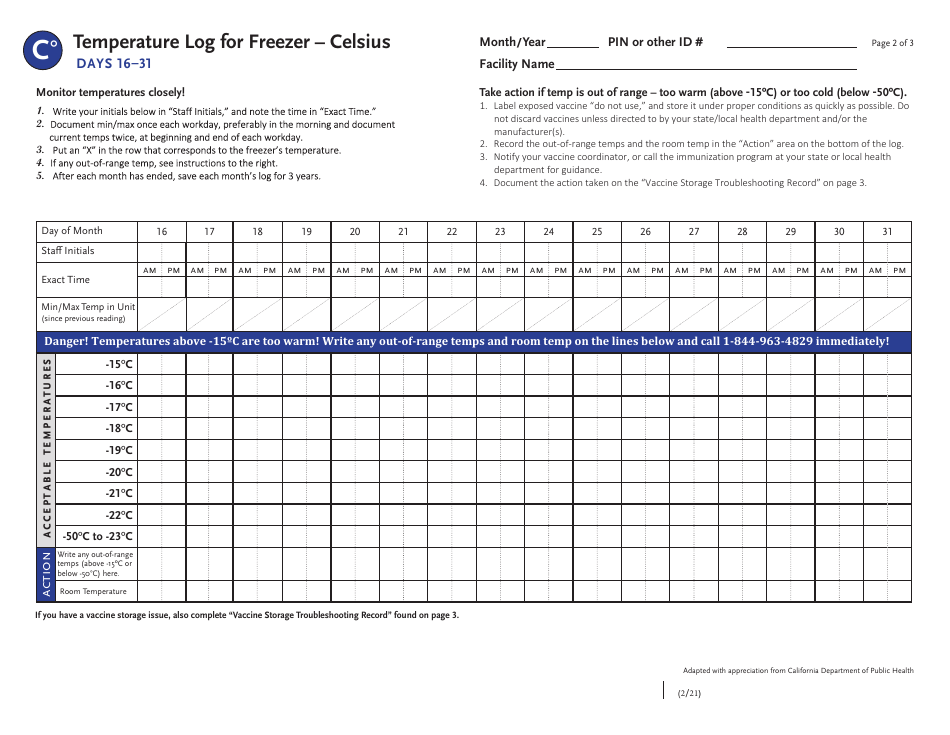 Temperature Log for Freezer - Celsius Download Printable PDF ...