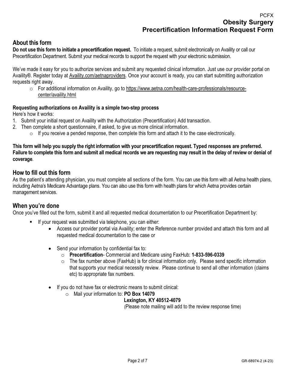 Form GR-68974-2 Obesity Surgery Precertefecation Information Request Form, Page 2