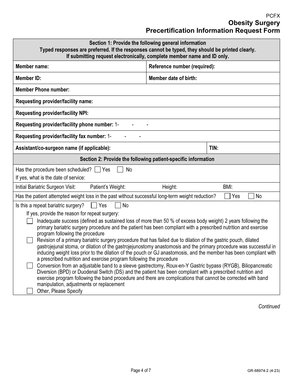 Form GR-68974-2 Obesity Surgery Precertefecation Information Request Form, Page 4
