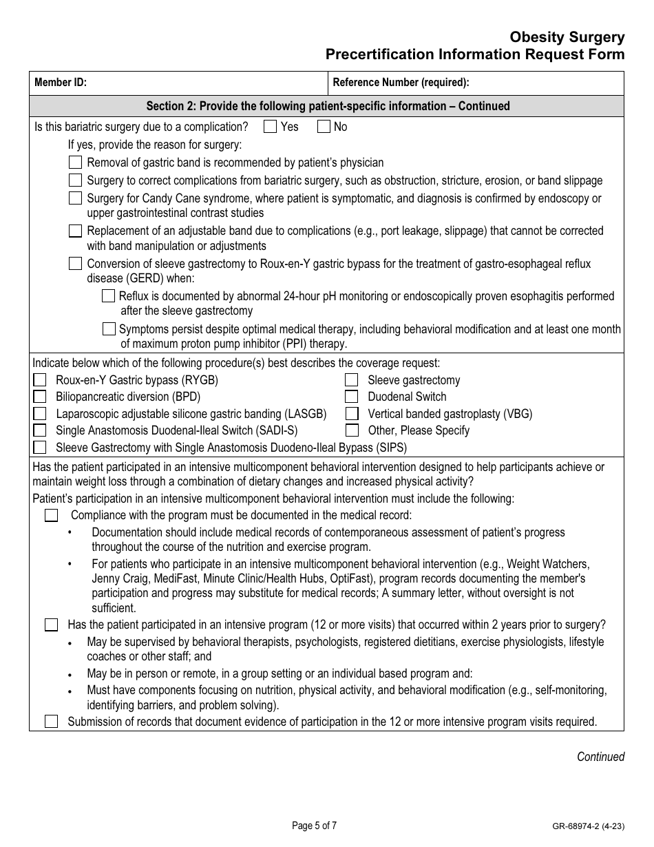 Form GR-68974-2 Obesity Surgery Precertefecation Information Request Form, Page 5