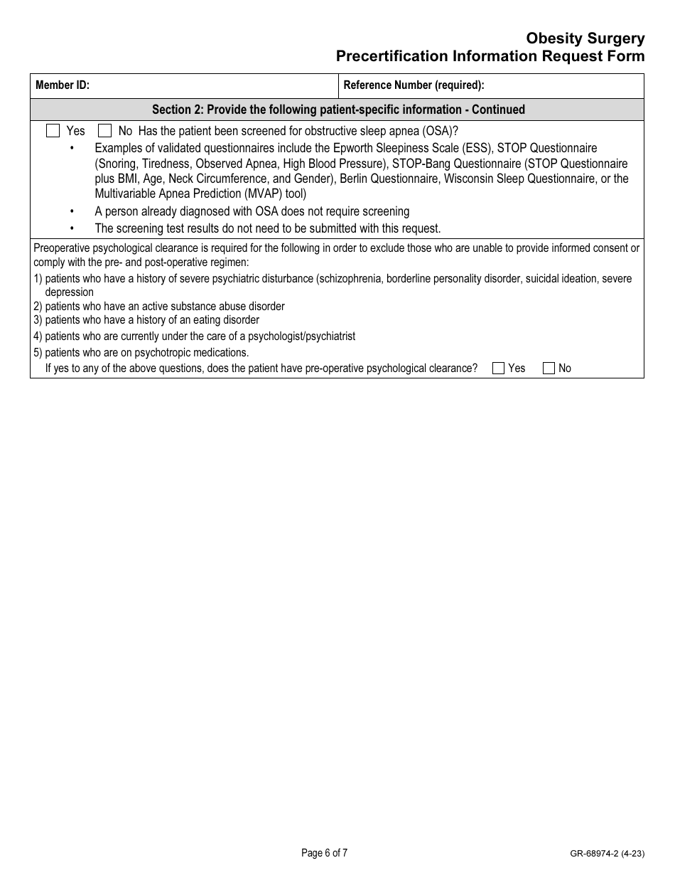 Form GR-68974-2 Obesity Surgery Precertefecation Information Request Form, Page 6