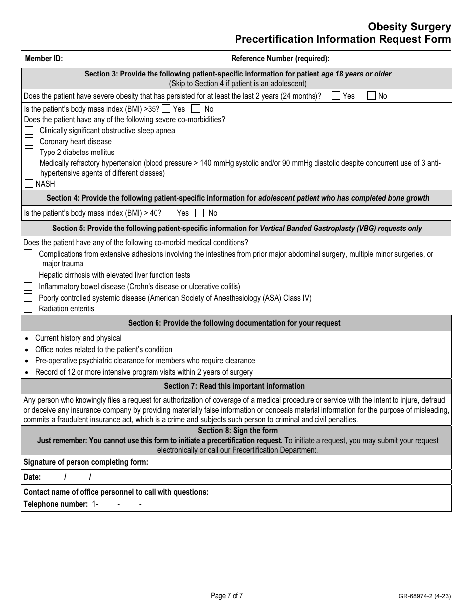 Form GR-68974-2 Obesity Surgery Precertefecation Information Request Form, Page 7