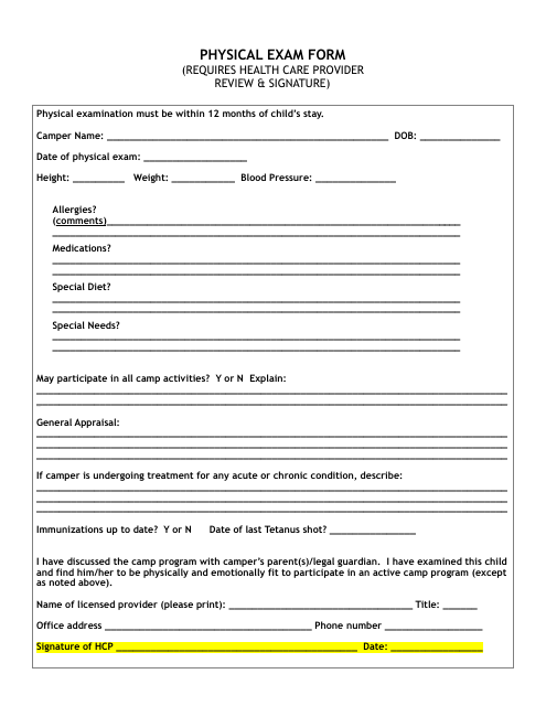 Children's Camp Physical Exam Form Download Pdf