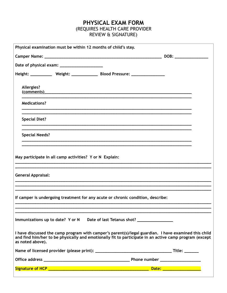 Childrens Camp Physical Exam Form, Page 1