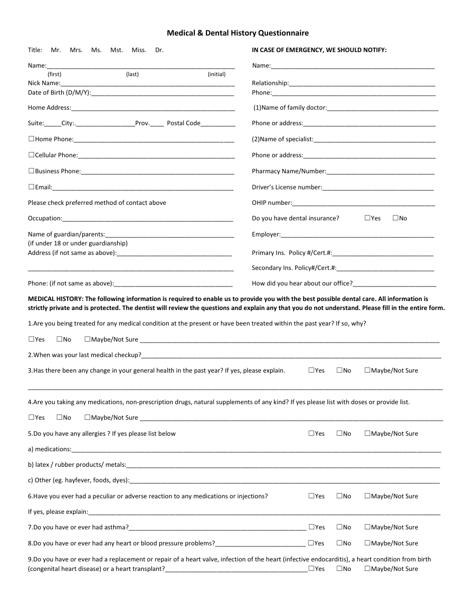 Medical & Dental History Questionnaire Download Fillable PDF ...