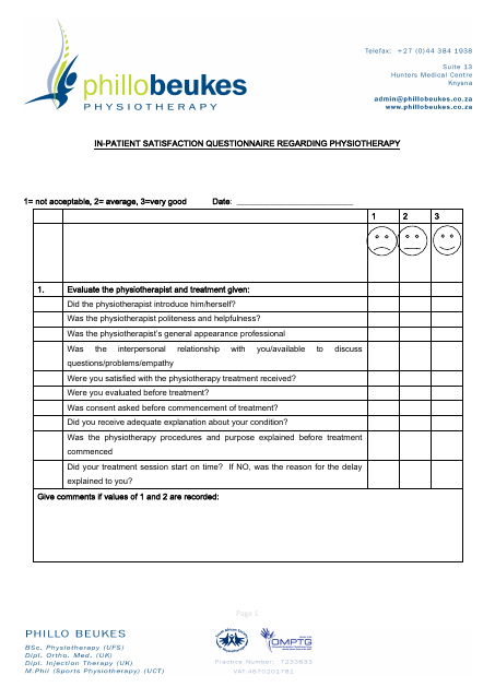 In-patient Satisfaction Questionnaire Regarding Physiotherapy - Phillo Beukes