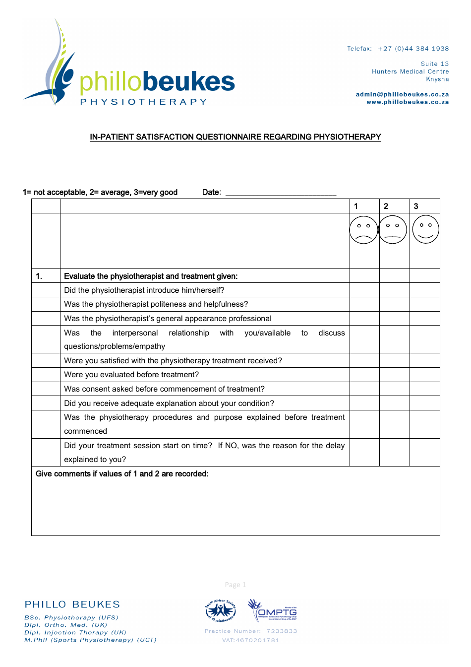 In-patient Satisfaction Questionnaire Regarding Physiotherapy by Phillo Beukes
