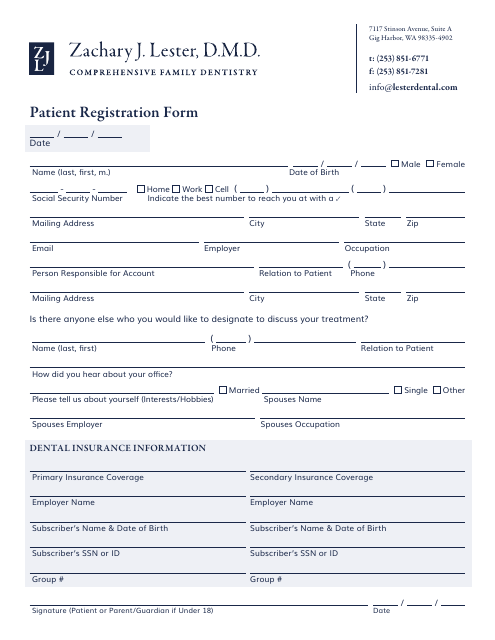 Dental Patient Registration Form - Lester Dental Download Pdf