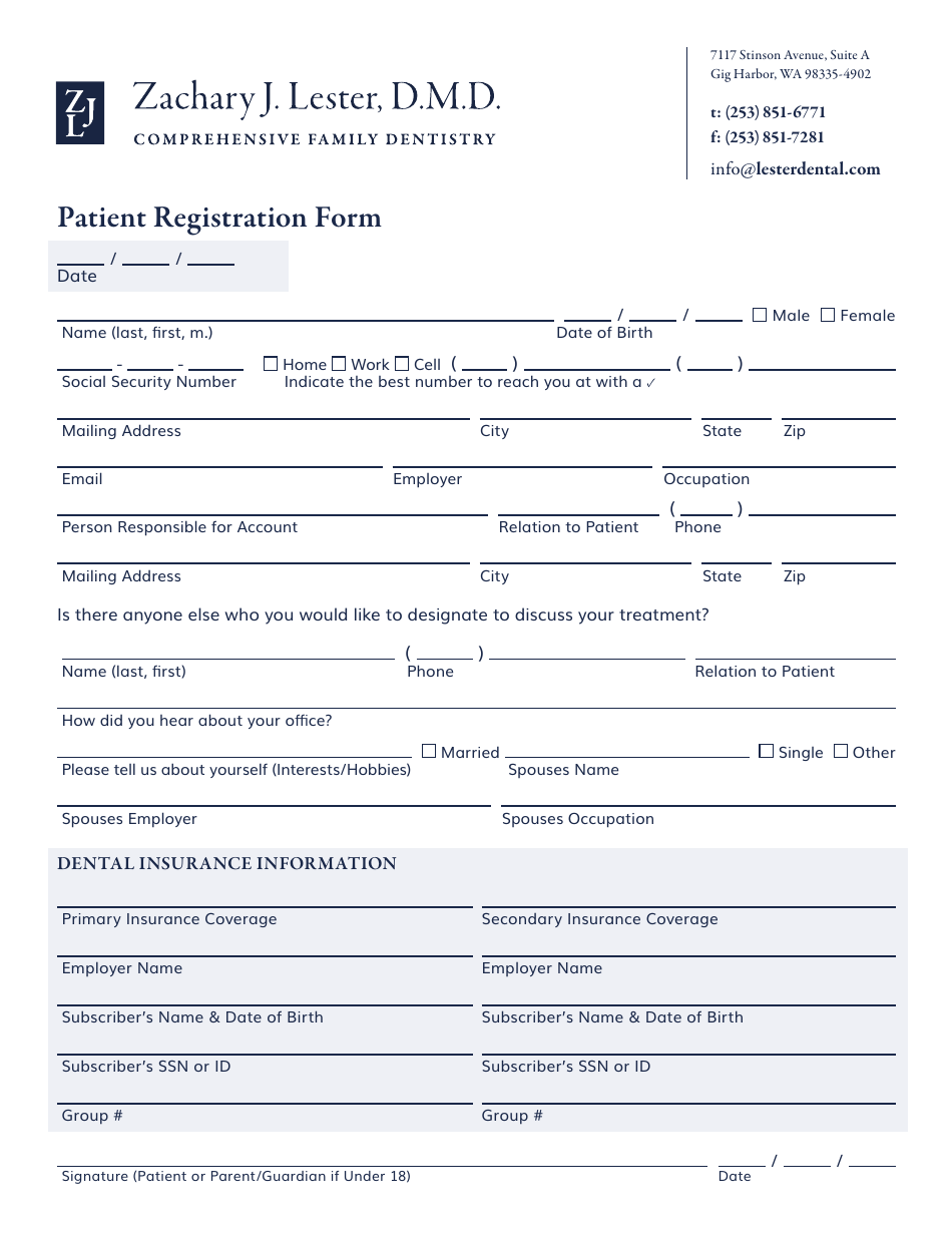 Dental Patient Registration Form - Lester Dental, Page 1