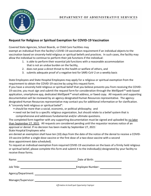 Request for Religious or Spiritual Exemption for Covid-19 Vaccination - Connecticut Download Pdf