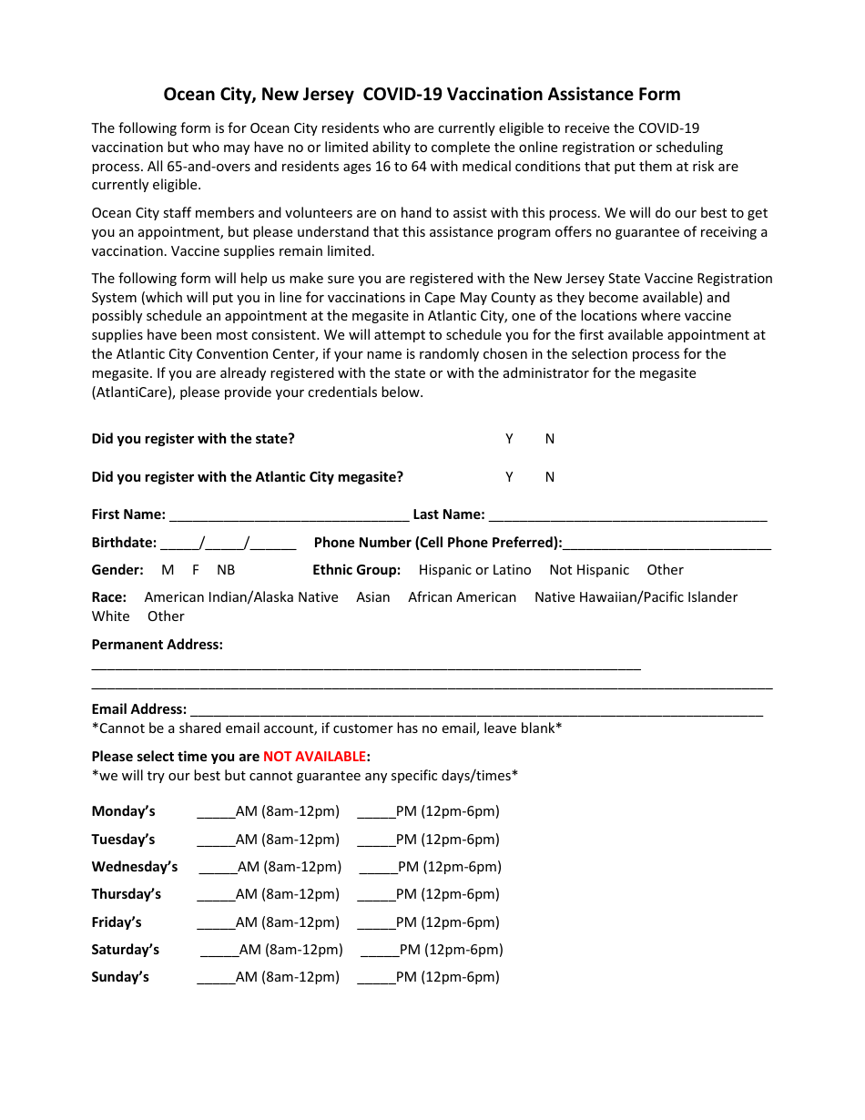 Covid-19 Vaccination Assistance Form - Ocean City, New Jersey, Page 1