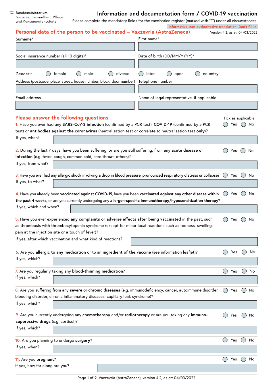 Information and Documentation Form / Covid-19 Vaccination - Austria, Page 1