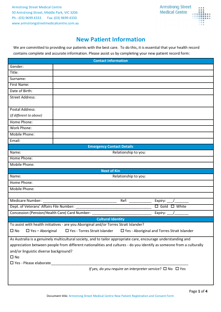 New Patient Information - Armstrong Street Medical Centre document preview image