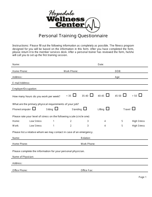 Personal Training Questionnaire - Hopedale Wellness Center