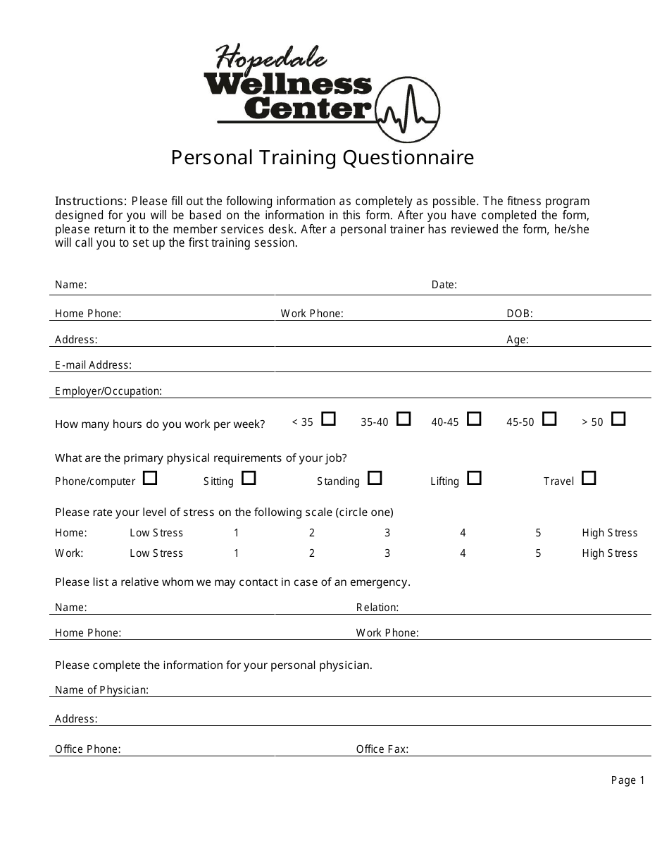 Personal Training Questionnaire Hopedale Wellness Center Download