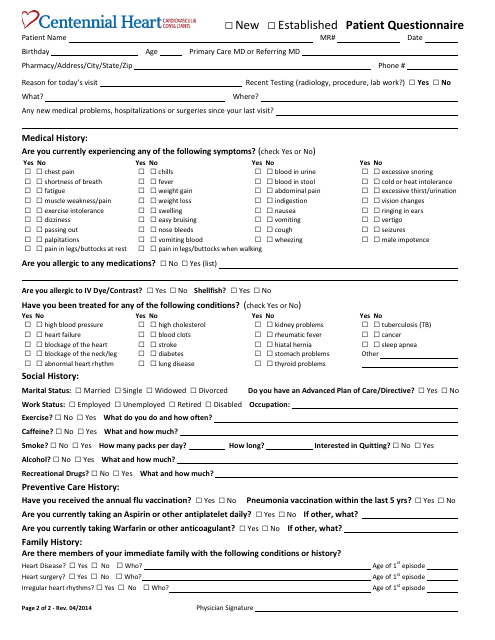 New Established Patient Questionnaire for Centennial Heart
