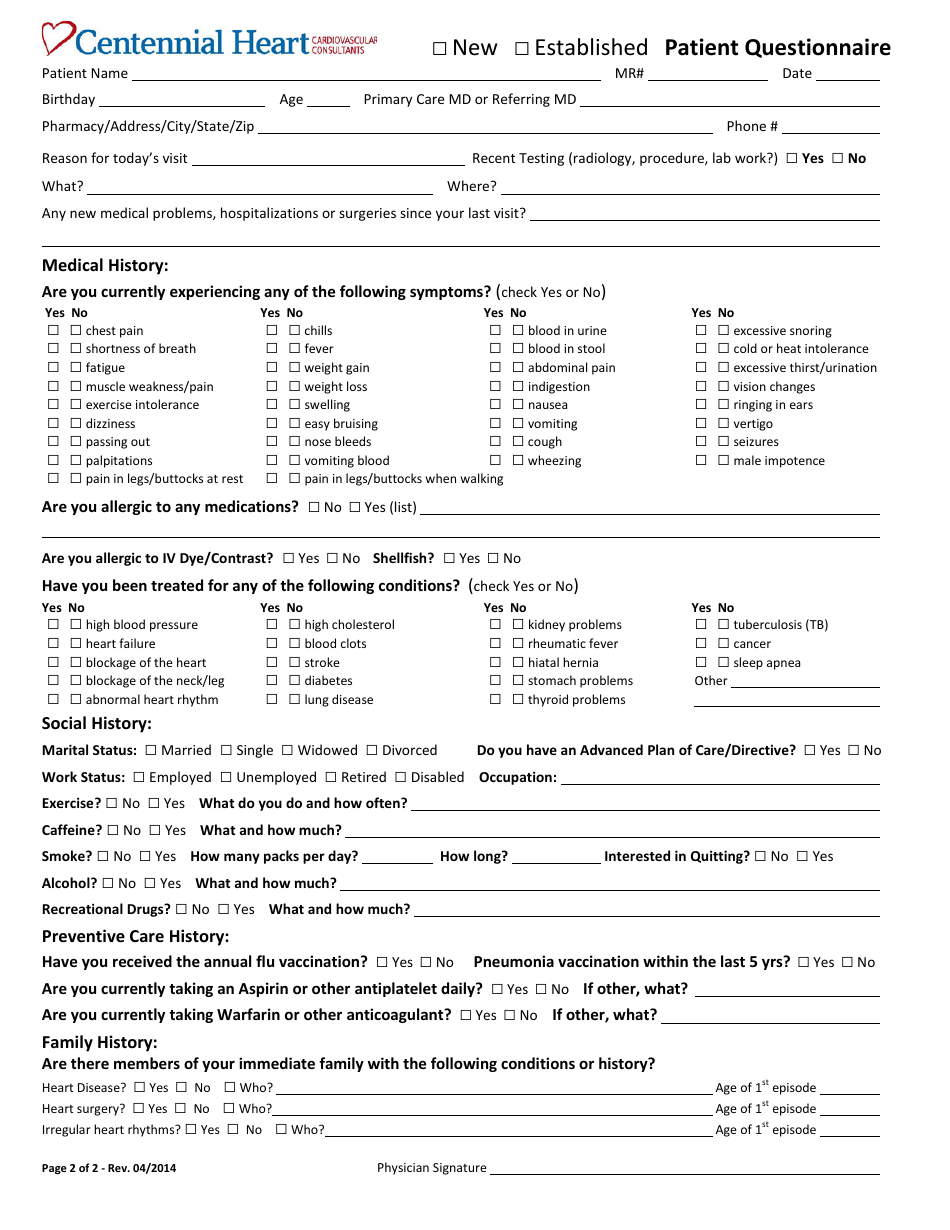 New/Established Patient Questionnaire - Centennial Heart - Fill Out ...