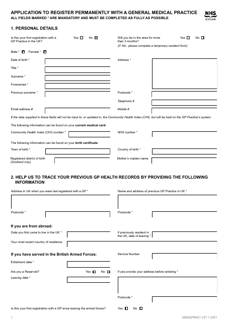 Form GMSGPR001 Application to Register Permanently With a General Medical Practice - United Kingdom