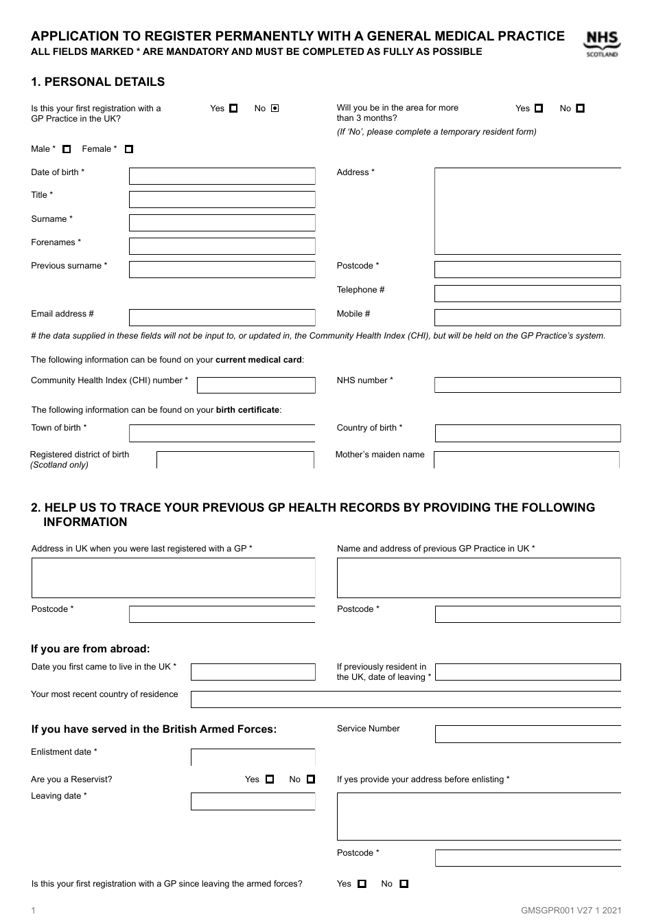 Form GMSGPR001 Application to Register Permanently With a General Medical Practice - United Kingdom, Page 1