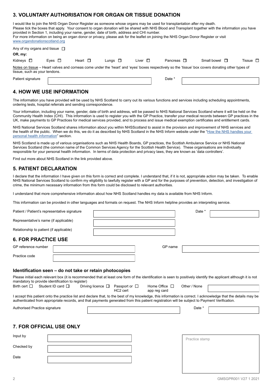 Form GMSGPR001 Application to Register Permanently With a General Medical Practice - United Kingdom, Page 2