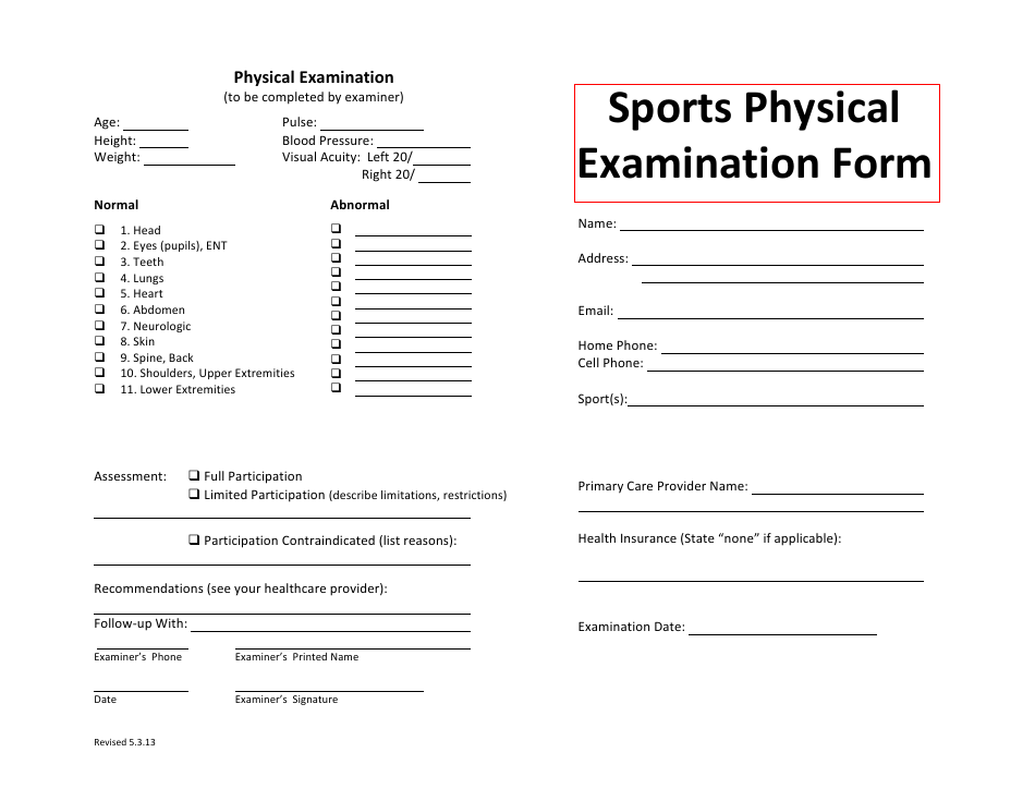 Sports Physical Examination Form, Page 1