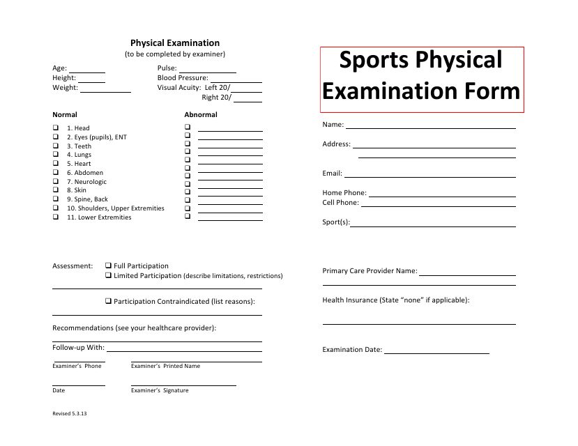 Sports Physical Examination Form Download Pdf