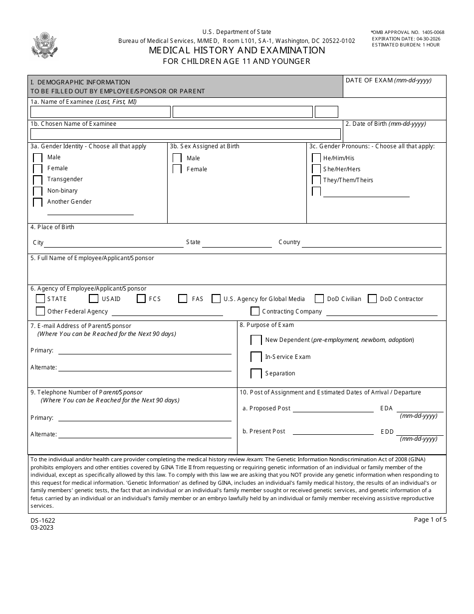 Form DS-1622 Medical History and Examination for Children 11 Years and Younger, Page 1