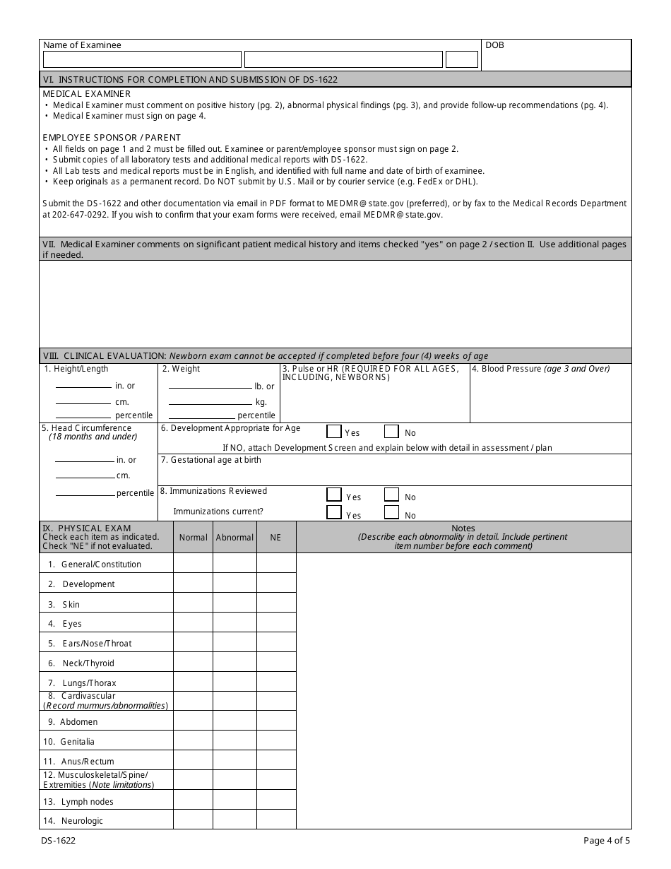 Form DS-1622 Medical History and Examination for Children 11 Years and Younger, Page 4