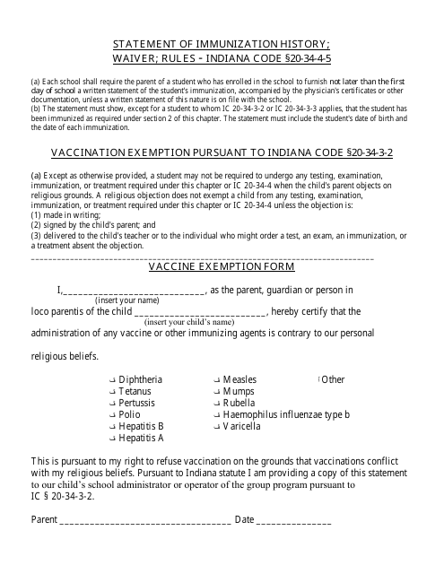 Isbvi Religious Exemption Form - Indiana Download Pdf