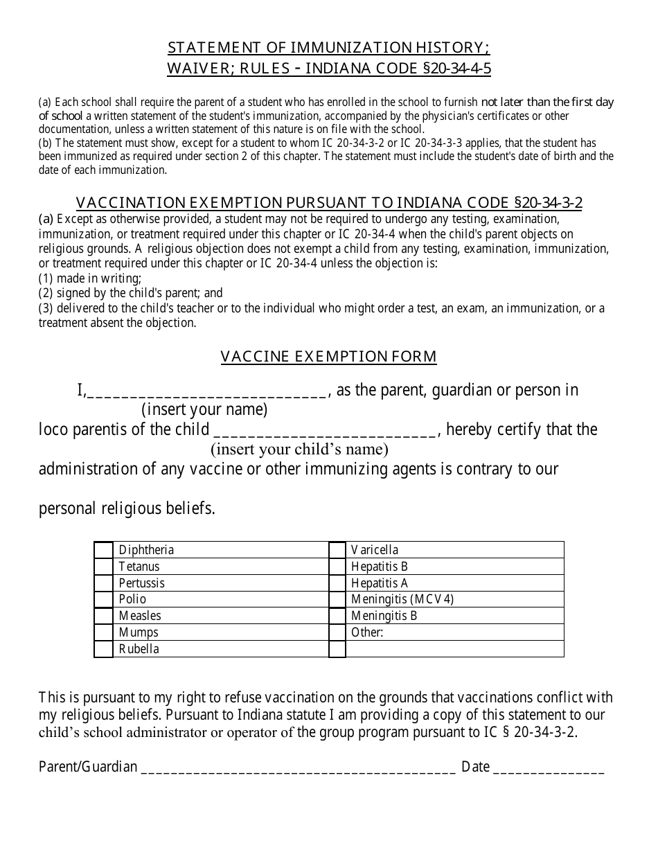 Vaccine Exemption Form - Indiana, Page 1