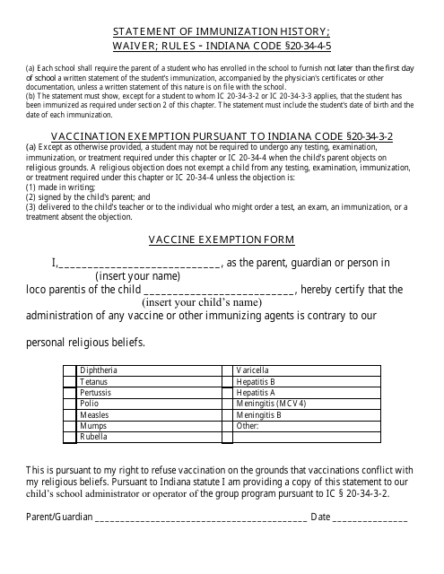 Vaccine Exemption Form - Indiana Download Pdf
