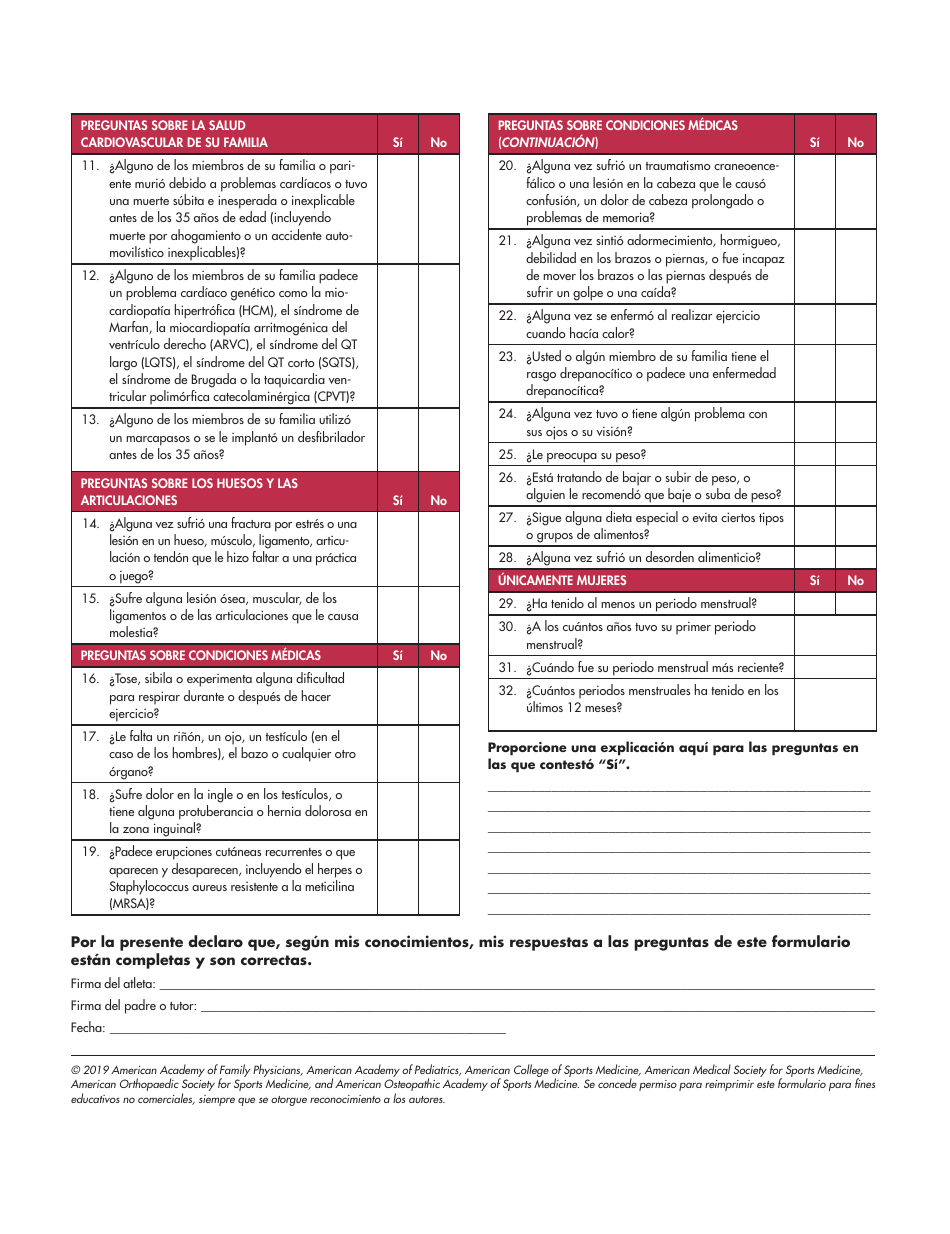 Evaluacion Fisica Previa a La Participacion: Formulario De Historial Clinico - American Academy of Family Physicians (Spanish), Page 2