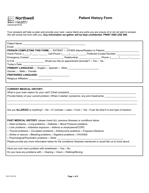 Cancer Patient History Form